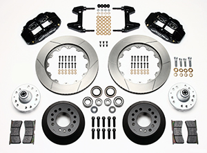 Wilwood Forged Narrow Superlite 6R Big Brake Front Brake Kit (Hub) Parts Laid Out - Black Powder Coat Caliper - GT Slotted Rotor