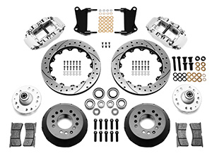 Wilwood Forged Narrow Superlite 6R Big Brake Front Brake Kit (Hub) Parts Laid Out - Polish Caliper - SRP Drilled & Slotted Rotor