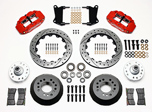 Wilwood Forged Narrow Superlite 6R Big Brake Front Brake Kit (Hub) Parts Laid Out - Red Powder Coat Caliper - SRP Drilled & Slotted Rotor