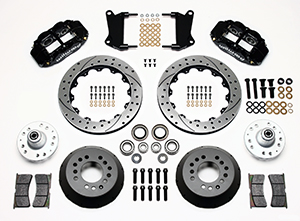 Wilwood Forged Narrow Superlite 6R Big Brake Front Brake Kit (Hub) Parts Laid Out - Black Powder Coat Caliper - SRP Drilled & Slotted Rotor