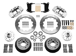 Wilwood Forged Narrow Superlite 6R Big Brake Front Brake Kit (Hub) Parts Laid Out - Polish Caliper - GT Slotted Rotor