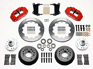 Wilwood Forged Narrow Superlite 6R Big Brake Front Brake Kit (Hub) Parts Laid Out - Red Powder Coat Caliper - GT Slotted Rotor