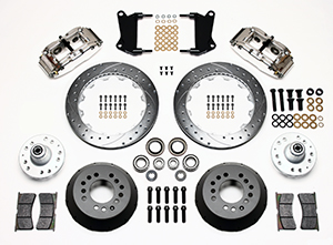 Wilwood Forged Narrow Superlite 6R Big Brake Front Brake Kit (Hub) Parts Laid Out - Polish Caliper - SRP Drilled & Slotted Rotor