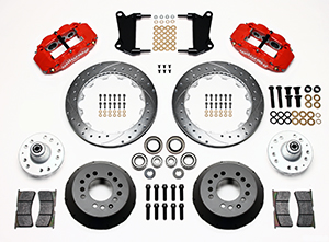 Wilwood Forged Narrow Superlite 6R Big Brake Front Brake Kit (Hub) Parts Laid Out - Red Powder Coat Caliper - SRP Drilled & Slotted Rotor