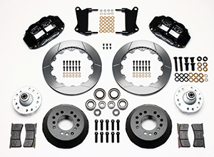 Wilwood Forged Narrow Superlite 6R Big Brake Front Brake Kit (Hub) Parts Laid Out - Black Powder Coat Caliper - GT Slotted Rotor