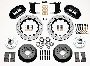 Wilwood Forged Narrow Superlite 6R Big Brake Front Brake Kit (Hub) Parts Laid Out - Black Powder Coat Caliper - SRP Drilled & Slotted Rotor