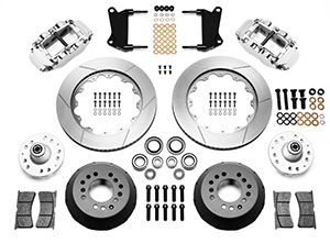 Wilwood Forged Narrow Superlite 6R Big Brake Front Brake Kit (Hub) Parts Laid Out - Polish Caliper - GT Slotted Rotor