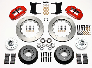 Wilwood Forged Narrow Superlite 6R Big Brake Front Brake Kit (Hub) Parts Laid Out - Red Powder Coat Caliper - GT Slotted Rotor