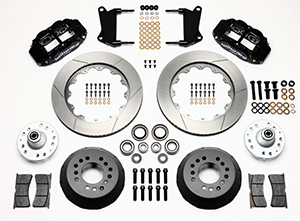 Wilwood Forged Narrow Superlite 6R Big Brake Front Brake Kit (Hub) Parts Laid Out - Black Powder Coat Caliper - GT Slotted Rotor