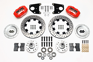 Wilwood Forged Dynalite Big Brake Front Brake Kit (Hub) Parts Laid Out - Red Powder Coat Caliper - SRP Drilled & Slotted Rotor