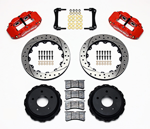 Wilwood Forged Narrow Superlite 4R Big Brake Rear Brake Kit For OE Parking Brake Parts Laid Out - Red Powder Coat Caliper - SRP Drilled & Slotted Rotor