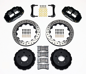 Wilwood Forged Narrow Superlite 4R Big Brake Rear Brake Kit For OE Parking Brake Parts Laid Out - Black Powder Coat Caliper - SRP Drilled & Slotted Rotor