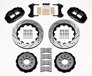 Wilwood Forged Narrow Superlite 6R Big Brake Front Brake Kit (Hat) Parts Laid Out - Black Powder Coat Caliper - SRP Drilled & Slotted Rotor