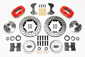 Wilwood Forged Dynalite Pro Series Front Brake Kit Parts Laid Out - Red Powder Coat Caliper - SRP Drilled & Slotted Rotor
