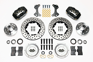 Wilwood Forged Dynalite Pro Series Front Brake Kit Parts Laid Out - Black Powder Coat Caliper - SRP Drilled & Slotted Rotor