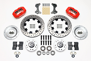 Wilwood Forged Dynalite Big Brake Front Brake Kit (Hub) Parts Laid Out - Red Powder Coat Caliper - SRP Drilled & Slotted Rotor