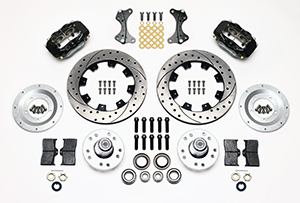 Wilwood Forged Dynalite Big Brake Front Brake Kit (Hub) Parts Laid Out - Black Powder Coat Caliper - SRP Drilled & Slotted Rotor