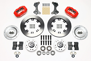 Wilwood Forged Dynalite Big Brake Front Brake Kit (Hub) Parts Laid Out - Red Powder Coat Caliper - Plain Face Rotor