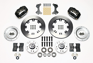 Wilwood Forged Dynalite Big Brake Front Brake Kit (Hub) Parts Laid Out - Black Powder Coat Caliper - Plain Face Rotor