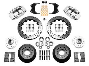 Wilwood Forged Narrow Superlite 6R Big Brake Front Brake Kit (Hub) Parts Laid Out - Polish Caliper - SRP Drilled & Slotted Rotor