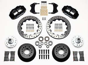 Wilwood Forged Narrow Superlite 6R Big Brake Front Brake Kit (Hub) Parts Laid Out - Black Powder Coat Caliper - SRP Drilled & Slotted Rotor