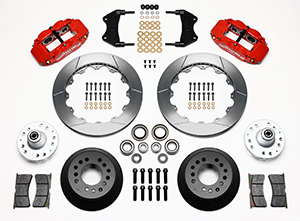 Wilwood Forged Narrow Superlite 6R Big Brake Front Brake Kit (Hub) Parts Laid Out - Red Powder Coat Caliper - GT Slotted Rotor