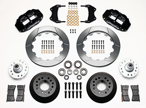 Wilwood Forged Narrow Superlite 6R Big Brake Front Brake Kit (Hub) Parts Laid Out - Black Powder Coat Caliper - GT Slotted Rotor