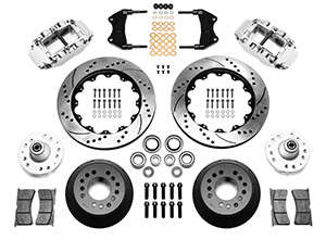 Wilwood Forged Narrow Superlite 6R Big Brake Front Brake Kit (Hub) Parts Laid Out - Polish Caliper - SRP Drilled & Slotted Rotor