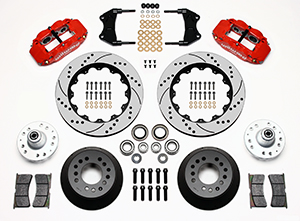 Wilwood Forged Narrow Superlite 6R Big Brake Front Brake Kit (Hub) Parts Laid Out - Red Powder Coat Caliper - SRP Drilled & Slotted Rotor