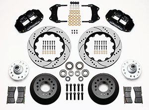 Wilwood Forged Narrow Superlite 6R Big Brake Front Brake Kit (Hub) Parts Laid Out - Black Powder Coat Caliper - SRP Drilled & Slotted Rotor