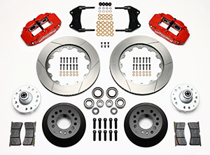 Wilwood Forged Narrow Superlite 6R Big Brake Front Brake Kit (Hub) Parts Laid Out - Red Powder Coat Caliper - GT Slotted Rotor