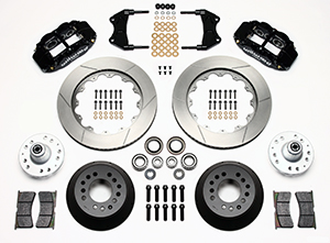 Wilwood Forged Narrow Superlite 6R Big Brake Front Brake Kit (Hub) Parts Laid Out - Black Powder Coat Caliper - GT Slotted Rotor