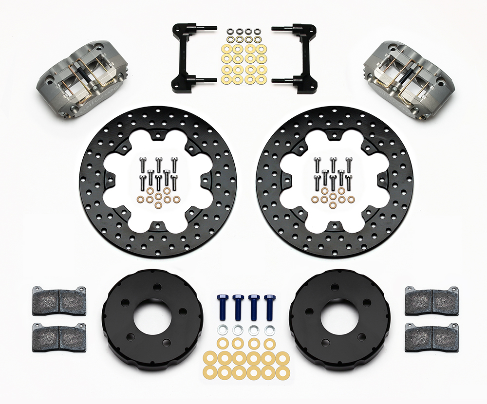 Wilwood Dynapro Radial Front Drag Brake Kit Parts Laid Out - Type III Anodize Caliper - Drilled Rotor