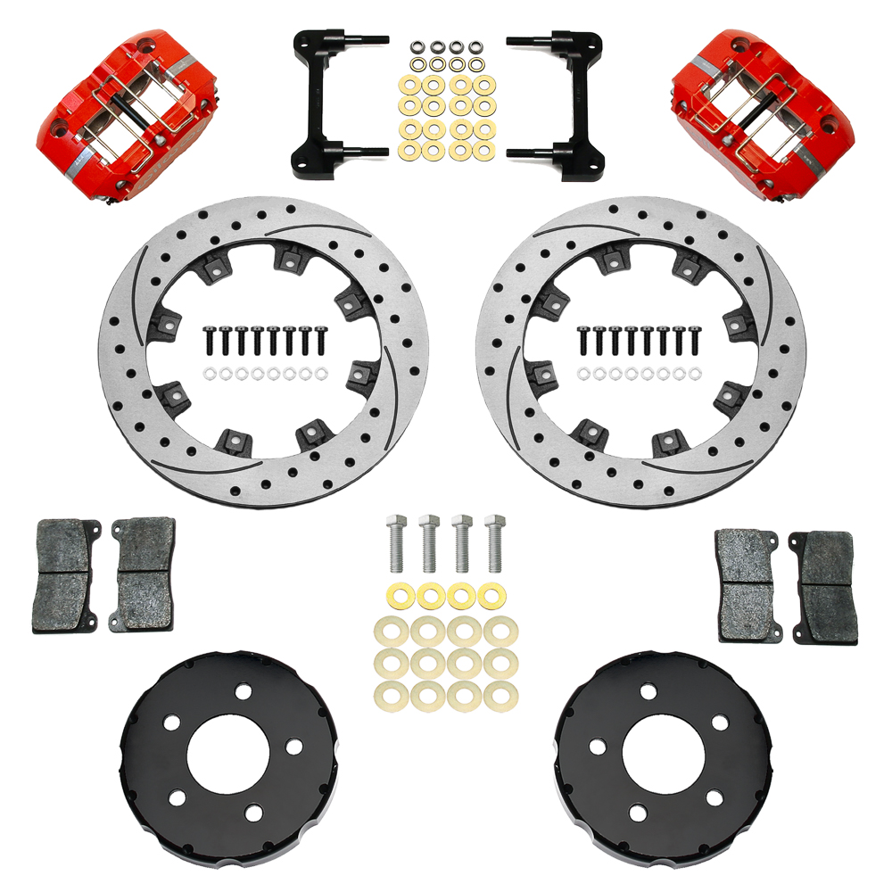 Wilwood Dynapro Radial Front Pro-Street Brake Kit Parts Laid Out - Red Powder Coat Caliper - SRP Drilled & Slotted Rotor