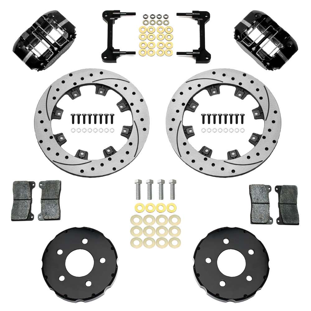 Wilwood Dynapro Radial Front Pro-Street Brake Kit Parts Laid Out - Black Powder Coat Caliper - SRP Drilled & Slotted Rotor