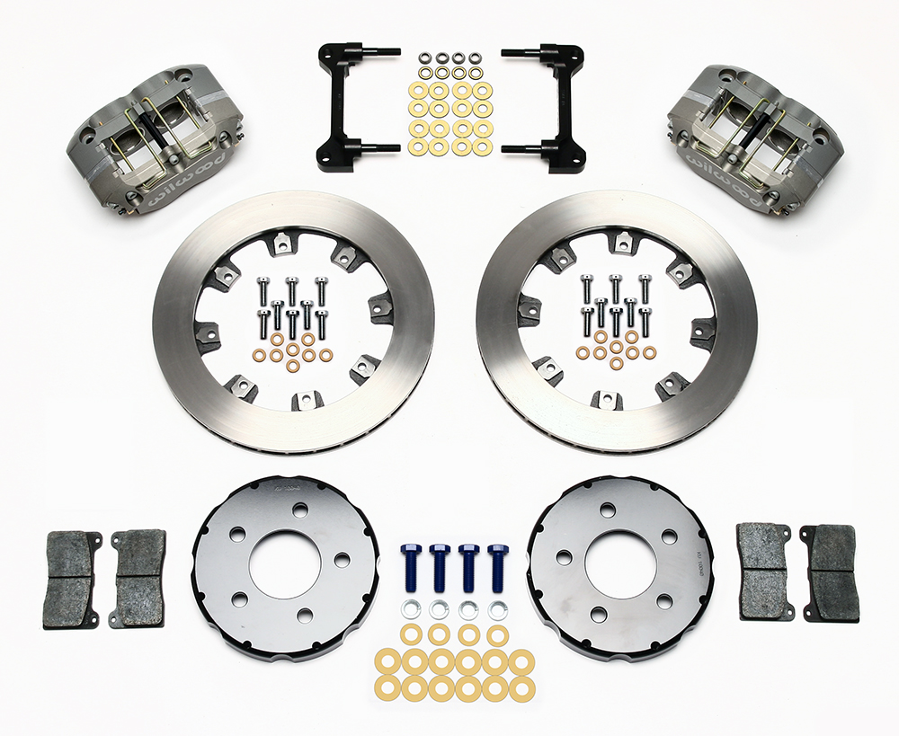 Wilwood Dynapro Radial Front Drag Brake Kit Parts Laid Out - Type III Ano Caliper - Plain Face Rotor