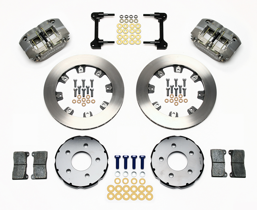 Wilwood Dynapro Radial Front Drag Brake Kit Parts Laid Out - Type III Anodize Caliper - Plain Face Rotor