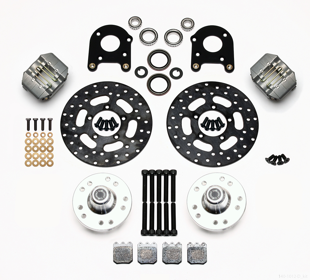 Wilwood Dynapro Single Front Drag Brake Kit Parts Laid Out - Type III Ano Caliper - Drilled Rotor