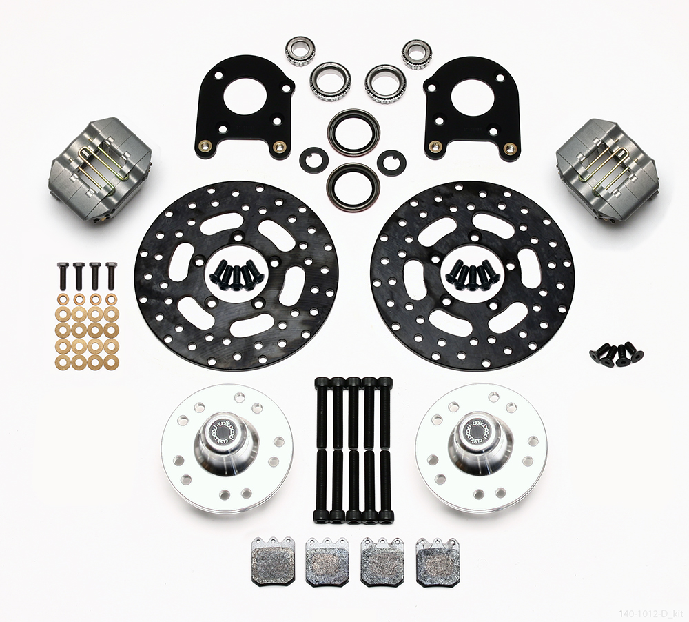 Wilwood Dynapro Single Front Drag Brake Kit Parts Laid Out - Type III Anodize Caliper - Drilled Rotor