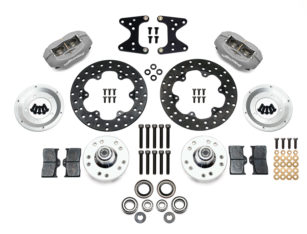 Wilwood Forged Dynalite Front Drag Brake Kit Parts Laid Out - Type III Anodize Caliper - Drilled Rotor