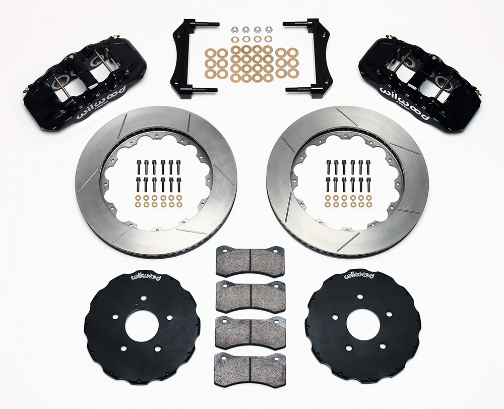 Wilwood AERO6 Big Brake Front Brake Kit Parts Laid Out - Black Powder Coat Caliper - GT Slotted Rotor