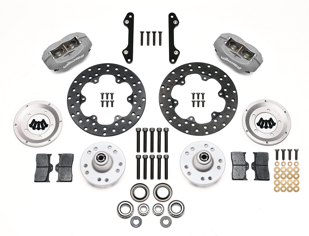 Wilwood Forged Dynalite Front Drag Brake Kit Parts Laid Out - Type III Anodize Caliper - Drilled Rotor