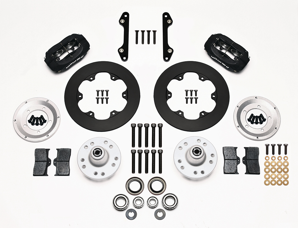 Wilwood Forged Dynalite Front Drag Brake Kit Parts Laid Out - Type III Ano Caliper - Plain Face Rotor