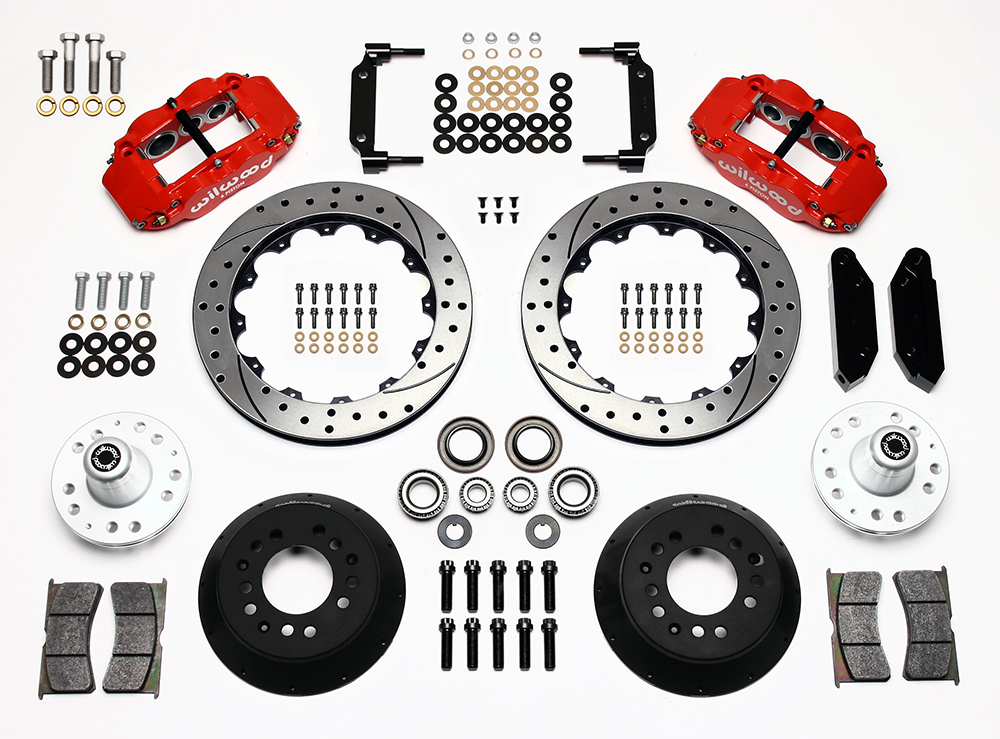 Wilwood Forged Narrow Superlite 6R Big Brake Front Brake Kit (Hub) Parts Laid Out - Red Powder Coat Caliper - SRP Drilled & Slotted Rotor