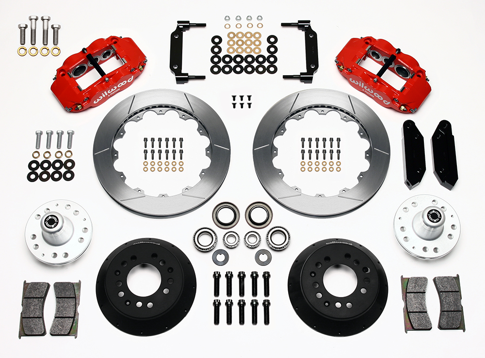 Wilwood Forged Narrow Superlite 6R Big Brake Front Brake Kit (Hub) Parts Laid Out - Red Powder Coat Caliper - GT Slotted Rotor