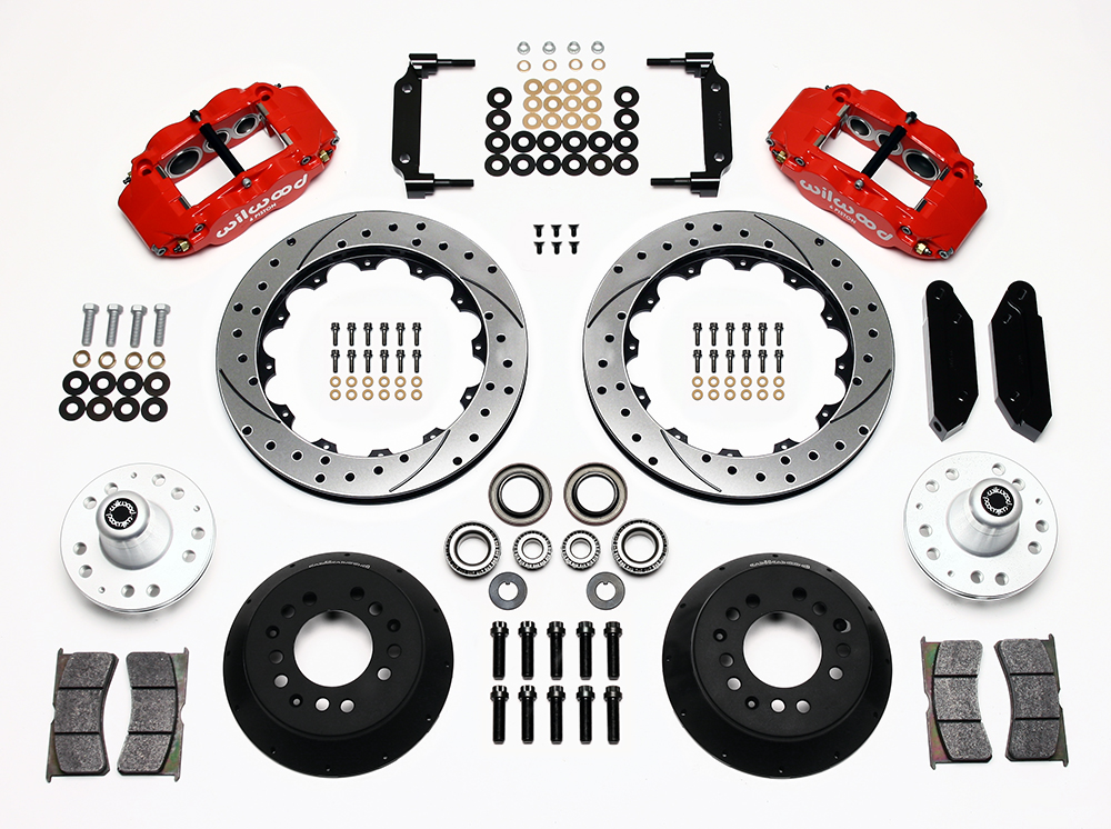 Wilwood Forged Narrow Superlite 6R Big Brake Front Brake Kit (Hub) Parts Laid Out - Red Powder Coat Caliper - SRP Drilled & Slotted Rotor