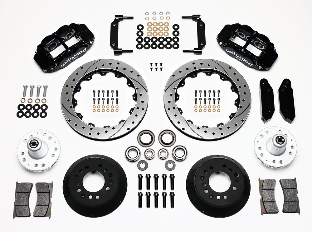 Wilwood Forged Narrow Superlite 6R Big Brake Front Brake Kit (Hub) Parts Laid Out - Black Powder Coat Caliper - SRP Drilled & Slotted Rotor