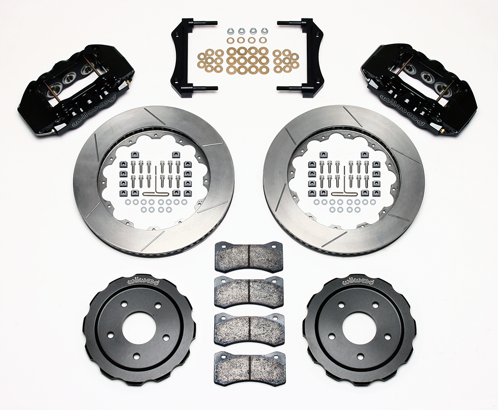 Wilwood W6A Big Brake Front Brake Kit (Race) Parts Laid Out - Black Powder Coat Caliper - GT Slotted Rotor