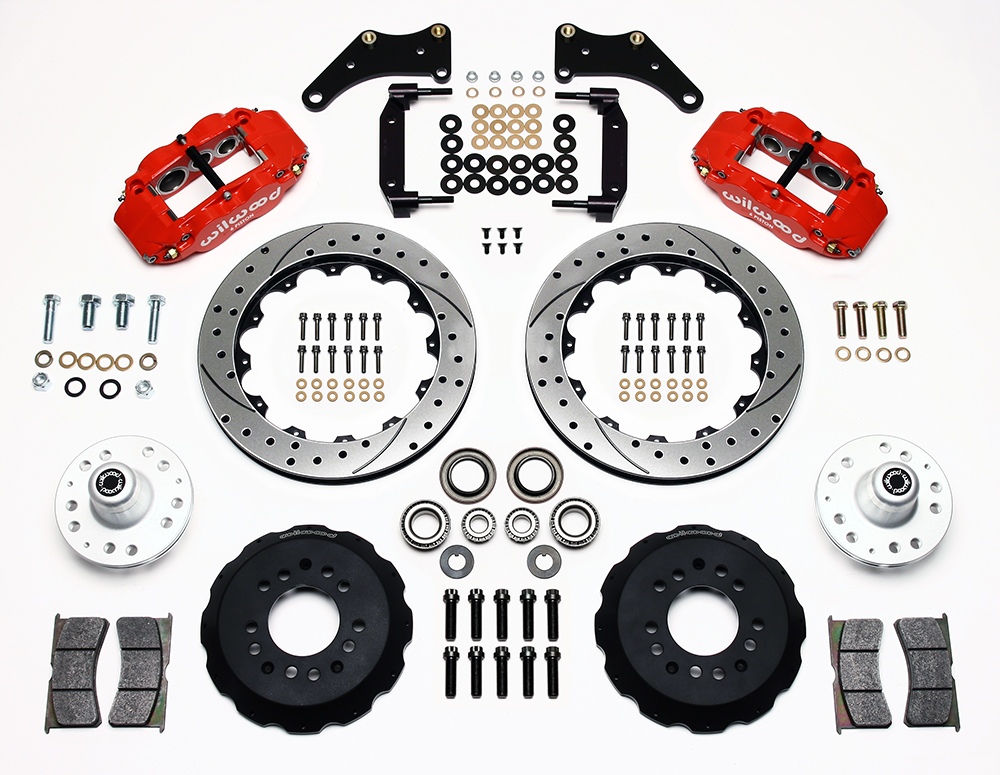Wilwood Forged Narrow Superlite 6R Big Brake Front Brake Kit (Hub) Parts Laid Out - Red Powder Coat Caliper - SRP Drilled & Slotted Rotor