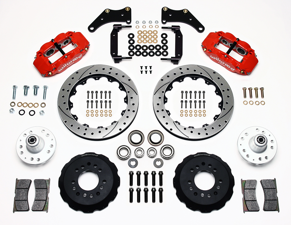 Wilwood Forged Narrow Superlite 6R Big Brake Front Brake Kit (Hub) Parts Laid Out - Red Powder Coat Caliper - SRP Drilled & Slotted Rotor